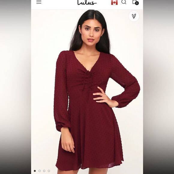 Lulus Wine and Dine Burgundy Swiss Dot Long Sleeve Skater Dress - Picture 1 of 14